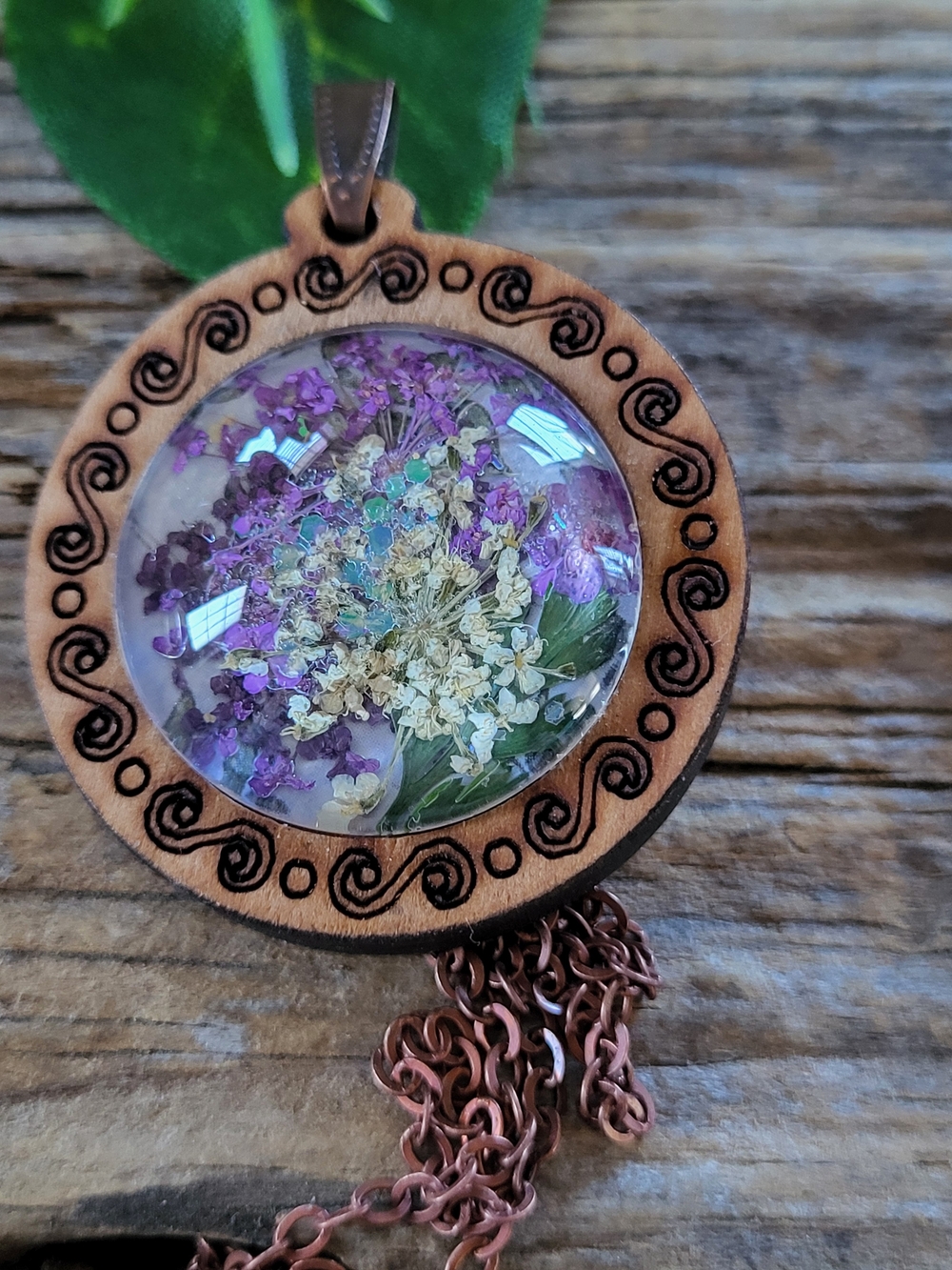 Purple and White Floral Pendant Necklace Under Glass